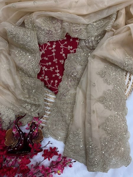 Luxe Gold Organza Saree with Sequins Red Corset Blouse for Grand Celebrations Designer Wedding Sarees Wholesale