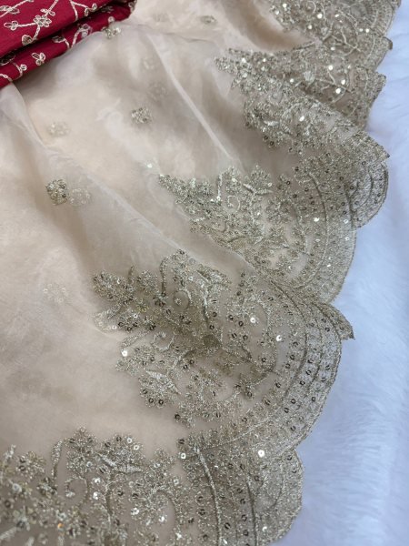 Luxe Gold Organza Saree with Sequins Red Corset Blouse for Grand Celebrations Designer Wedding Sarees Wholesale