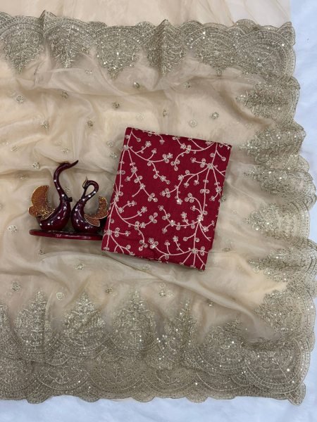 Luxe Gold Organza Saree with Sequins Red Corset Blouse for Grand Celebrations Designer Wedding Sarees Wholesale