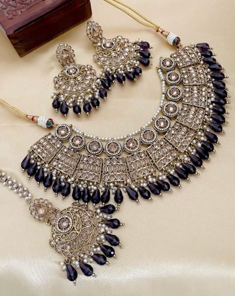 Pakistani Bridal Jewelry Set with Reverse AD &  Pearls Heavy Wedding Look Fashion Accessories Wholesale