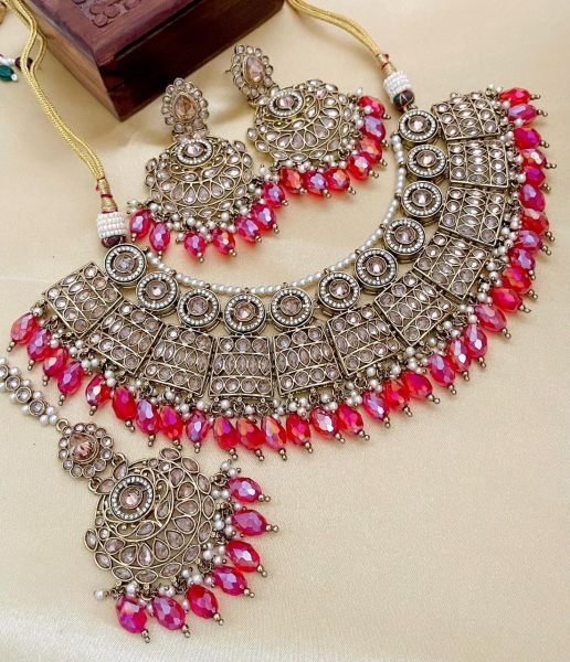 Pakistani Bridal Jewelry Set with Reverse AD &  Pearls Heavy Wedding Look Fashion Accessories Wholesale