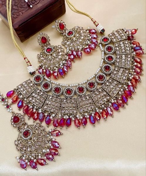Pakistani Bridal Jewelry Set with Reverse AD &  Pearls Heavy Wedding Look Fashion Accessories Wholesale
