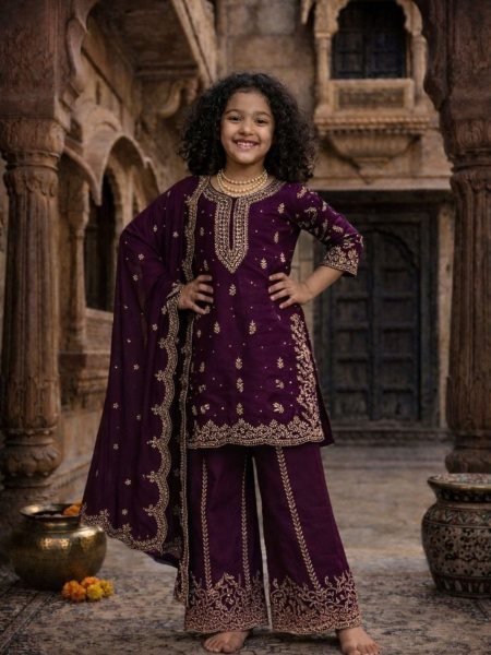 Luxe Wine Silk Zari And Sequins Embroidered Gharara Set for Girls Kurtis