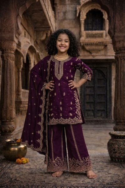 Luxe Wine Silk Zari And Sequins Embroidered Gharara Set for Girls Girls Wear