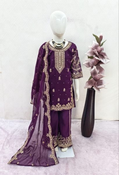 Luxe Wine Silk Zari And Sequins Embroidered Gharara Set for Girls Girls Wear