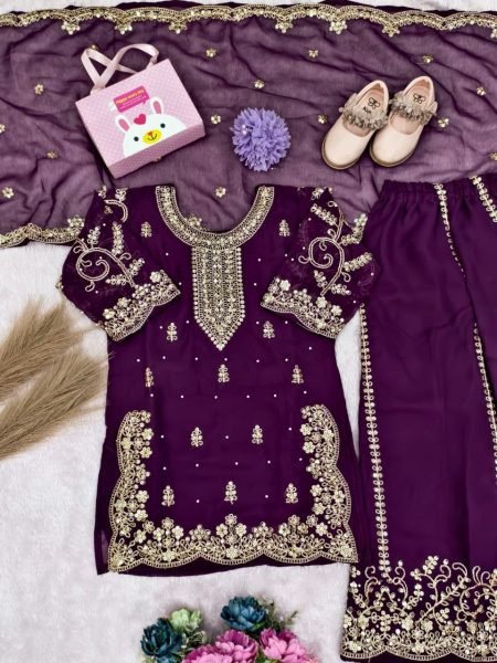 Luxe Wine Silk Zari And Sequins Embroidered Gharara Set for Girls Girls Wear