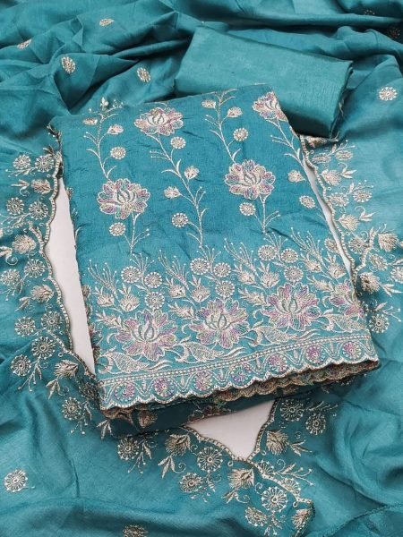 Luxurious Aqua Blue Vichitra Silk Dress Material with Rich Multi Work Design Dress Material 