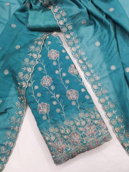 Luxurious Aqua Blue Vichitra Silk Dress Material with Rich Multi Work Design Color Set Matching Dress Material Wholesale