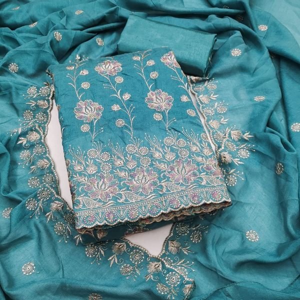 Luxurious Aqua Blue Vichitra Silk Dress Material with Rich Multi Work Design Color Set Matching Dress Material Wholesale