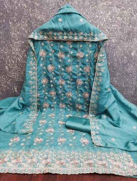 Luxurious Aqua Blue Vichitra Silk Dress Material with Rich Multi Work Design Color Set Matching Dress Material Wholesale