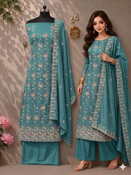 Luxurious Aqua Blue Vichitra Silk Dress Material with Rich Multi Work Design Color Set Matching Dress Material Wholesale