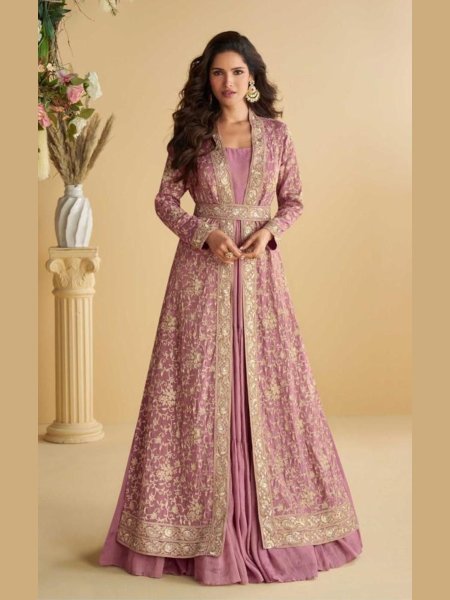 Luxurious Baby Pink Ready to Wear Gown with Shrug and Belt from Tulip Catalog By Sayuri Designer  Salwar Kameez