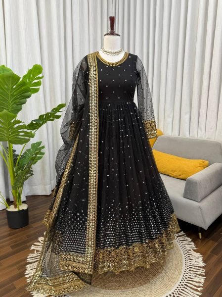 Luxurious Black  Butterfly Net Anarkali And Thread with Sequence Work Dupatta Ready To Wear Collection
