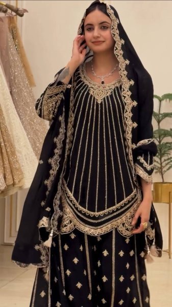 Luxurious Black Ethnic Outfit with Zari Sequins Embroidery For Special Occasions  Ready To Wear Collection