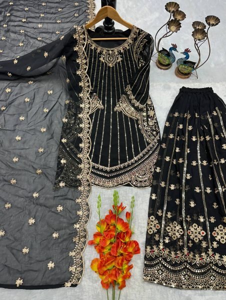 Luxurious Black Ethnic Outfit with Zari Sequins Embroidery For Special Occasions  Ready To Wear Collection