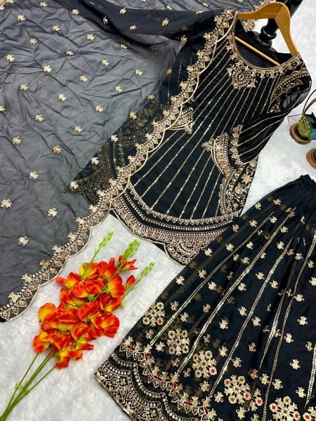 Luxurious Black Ethnic Outfit with Zari Sequins Embroidery For Special Occasions  Ready To Wear Collection