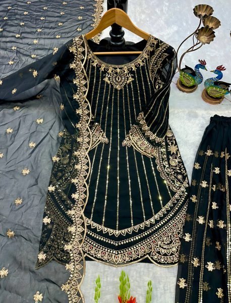 Luxurious Black Ethnic Outfit with Zari Sequins Embroidery For Special Occasions  Ready To Wear Collection