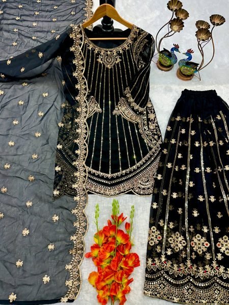 Luxurious Black Ethnic Outfit with Zari Sequins Embroidery For Special Occasions  Ready To Wear Collection
