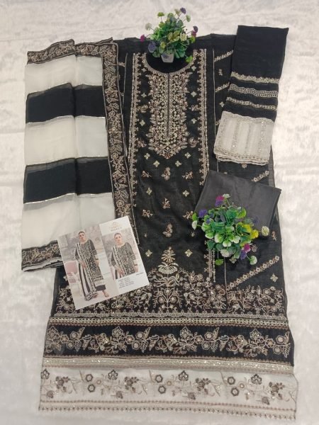 Luxurious Black Pakistani Salwar Kameez Intricate Gold Embroidery.  Pakistani Suits Wholesale