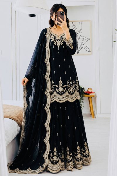 Luxurious Black Satin Suits With Dupatta Using Codding Work in suits For Women Ready To Wear Collection