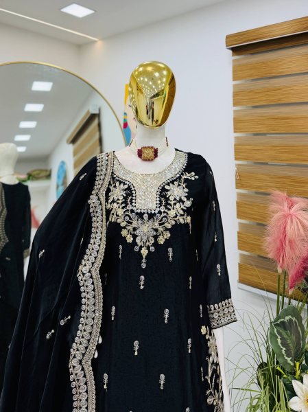 Luxurious Black Satin Suits With Dupatta Using Codding Work in suits For Women Ready To Wear Collection