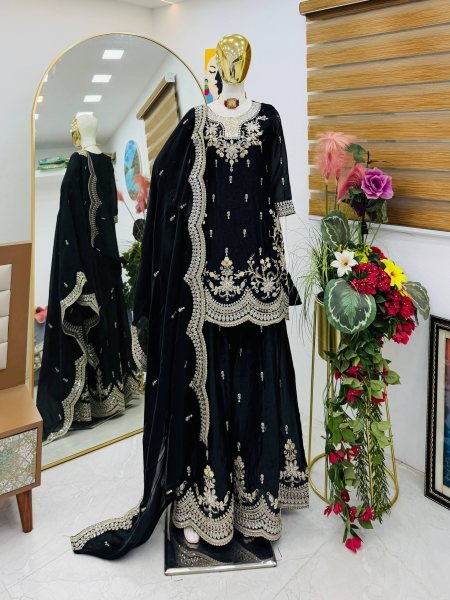 Luxurious Black Satin Suits With Dupatta Using Codding Work in suits For Women Ready To Wear Collection