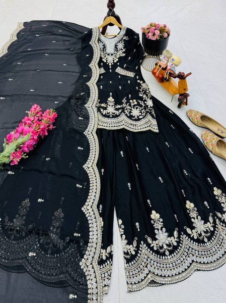 Luxurious Black Satin Suits With Dupatta Using Codding Work in suits For Women Ready To Wear Collection
