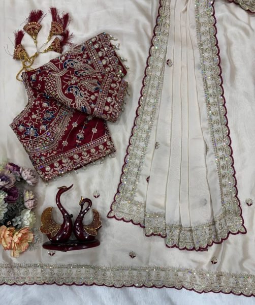 Luxurious Cream Soft Rangoli Silk Saree with Heavy Sequence Embroidery For Party Designer Wedding Sarees Wholesale