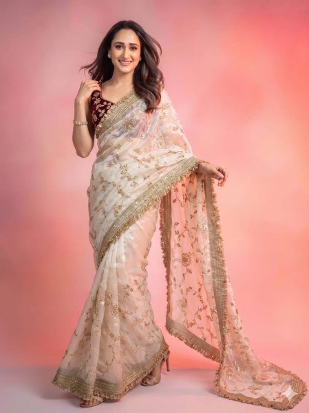 Luxurious Cream Space Satin Saree with Sequins Work and Contrast Blouse Designer Wedding Sarees Wholesale