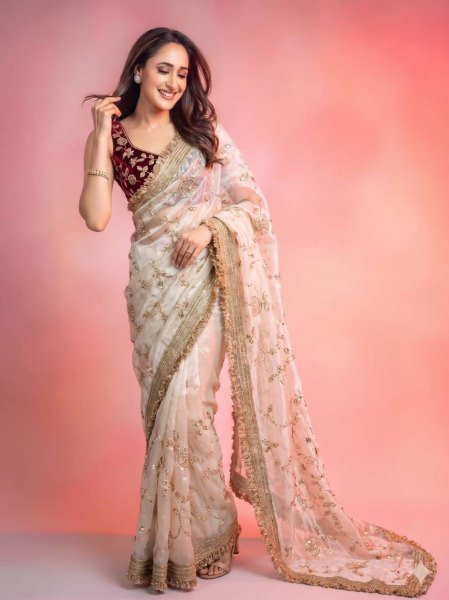Luxurious Cream Space Satin Saree with Sequins Work and Contrast Blouse Designer Wedding Sarees Wholesale