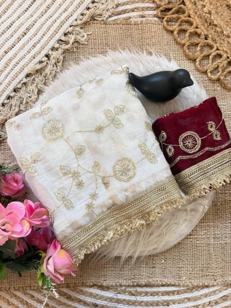 Luxurious Cream Space Satin Saree with Sequins Work and Contrast Blouse Designer Wedding Sarees Wholesale