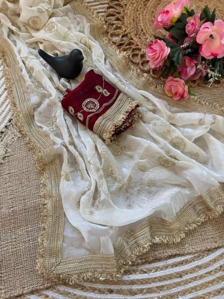 Luxurious Cream Space Satin Saree with Sequins Work and Contrast Blouse Designer Wedding Sarees Wholesale