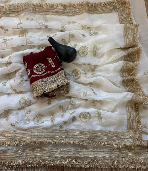 Luxurious Cream Space Satin Saree with Sequins Work and Contrast Blouse Designer Wedding Sarees Wholesale