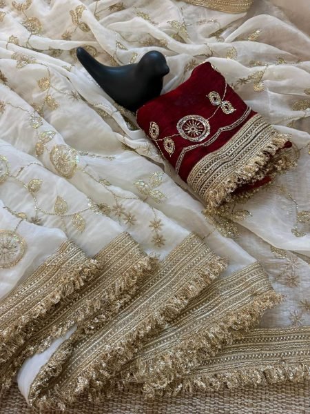 Luxurious Cream Space Satin Saree with Sequins Work and Contrast Blouse Designer Wedding Sarees Wholesale