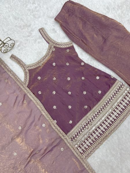 Luxurious Dusty Mauve Embroidered Bell Bottom Suit with Fancy Lace Dupatta Ready To Wear Collection