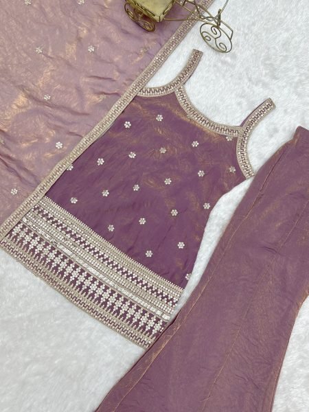 Luxurious Dusty Mauve Embroidered Bell Bottom Suit with Fancy Lace Dupatta Ready To Wear Collection