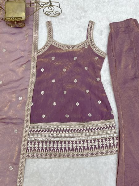 Luxurious Dusty Mauve Embroidered Bell Bottom Suit with Fancy Lace Dupatta Ready To Wear Collection