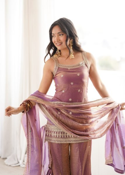 Luxurious Dusty Mauve Embroidered Bell Bottom Suit with Fancy Lace Dupatta Ready To Wear Collection