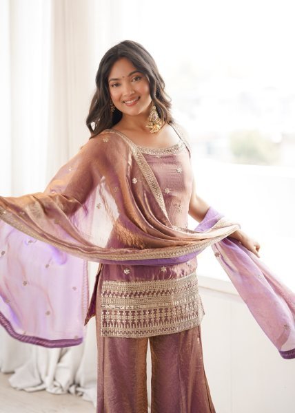 Luxurious Dusty Mauve Embroidered Bell Bottom Suit with Fancy Lace Dupatta Ready To Wear Collection