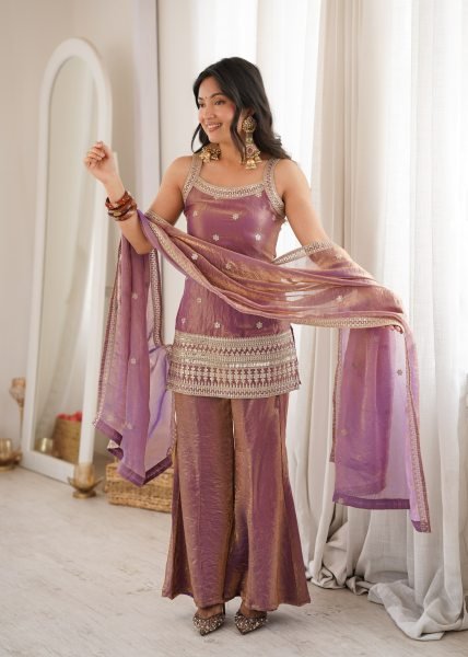 Luxurious Dusty Mauve Embroidered Bell Bottom Suit with Fancy Lace Dupatta Ready To Wear Collection