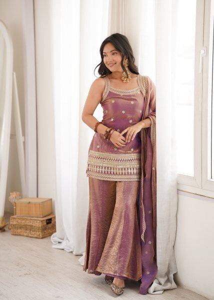 Luxurious Dusty Mauve Embroidered Bell Bottom Suit with Fancy Lace Dupatta Ready To Wear Collection