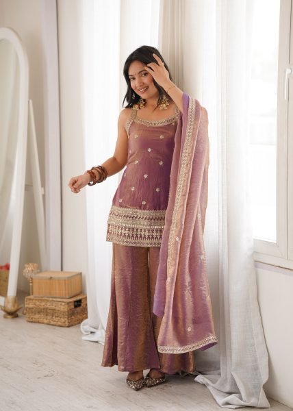 Luxurious Dusty Mauve Embroidered Bell Bottom Suit with Fancy Lace Dupatta Ready To Wear Collection
