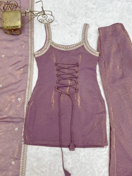 Luxurious Dusty Mauve Embroidered Bell Bottom Suit with Fancy Lace Dupatta Ready To Wear Collection