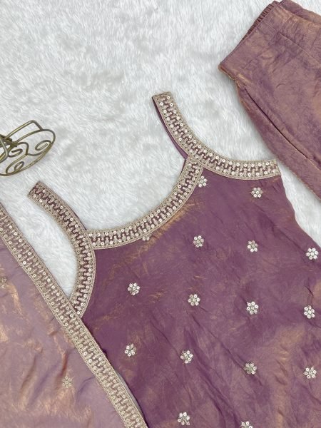 Luxurious Dusty Mauve Embroidered Bell Bottom Suit with Fancy Lace Dupatta Ready To Wear Collection