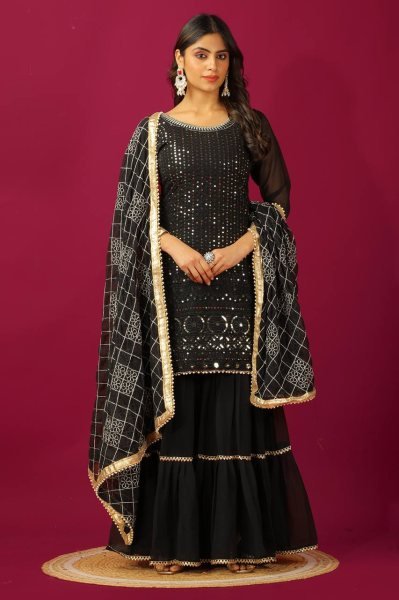 Luxurious Faux Georgette Sharara Plazo Set with Intricate Embroidery and Beautiful Dupatta in manufacturer Rate Ready To Wear Collection