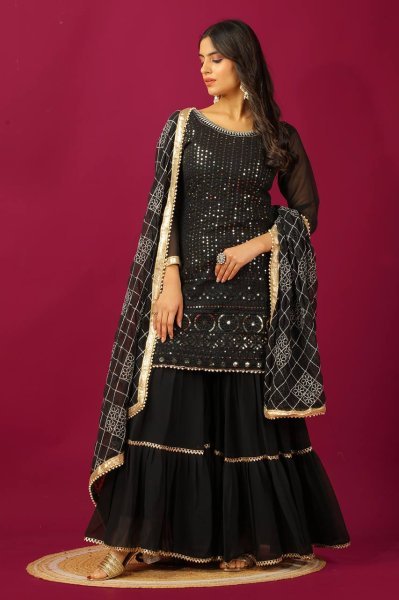 Luxurious Faux Georgette Sharara Plazo Set with Intricate Embroidery and Beautiful Dupatta in manufacturer Rate Ready To Wear Collection