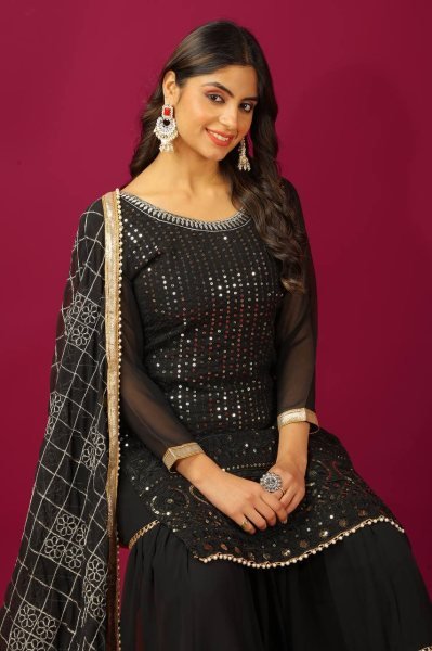 Luxurious Faux Georgette Sharara Plazo Set with Intricate Embroidery and Beautiful Dupatta in manufacturer Rate Ready To Wear Collection