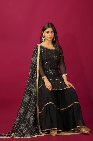 Luxurious Faux Georgette Sharara Plazo Set with Intricate Embroidery and Beautiful Dupatta in manufacturer Rate Ready To Wear Collection