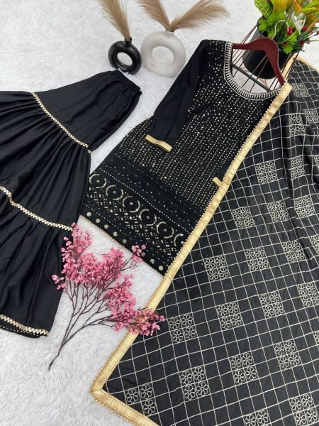 Luxurious Faux Georgette Sharara Plazo Set with Intricate Embroidery and Beautiful Dupatta in manufacturer Rate Ready To Wear Collection
