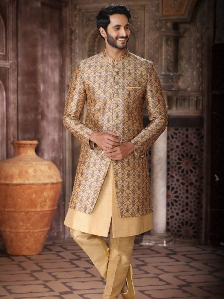 Luxurious Golden High End Indo Western Outfit for Men with Stylish Pant Mens Wear